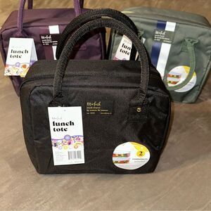 fit + fresh Bloomington Solid Black Lunch Tote Bag w/ Handles 1L Container x 2